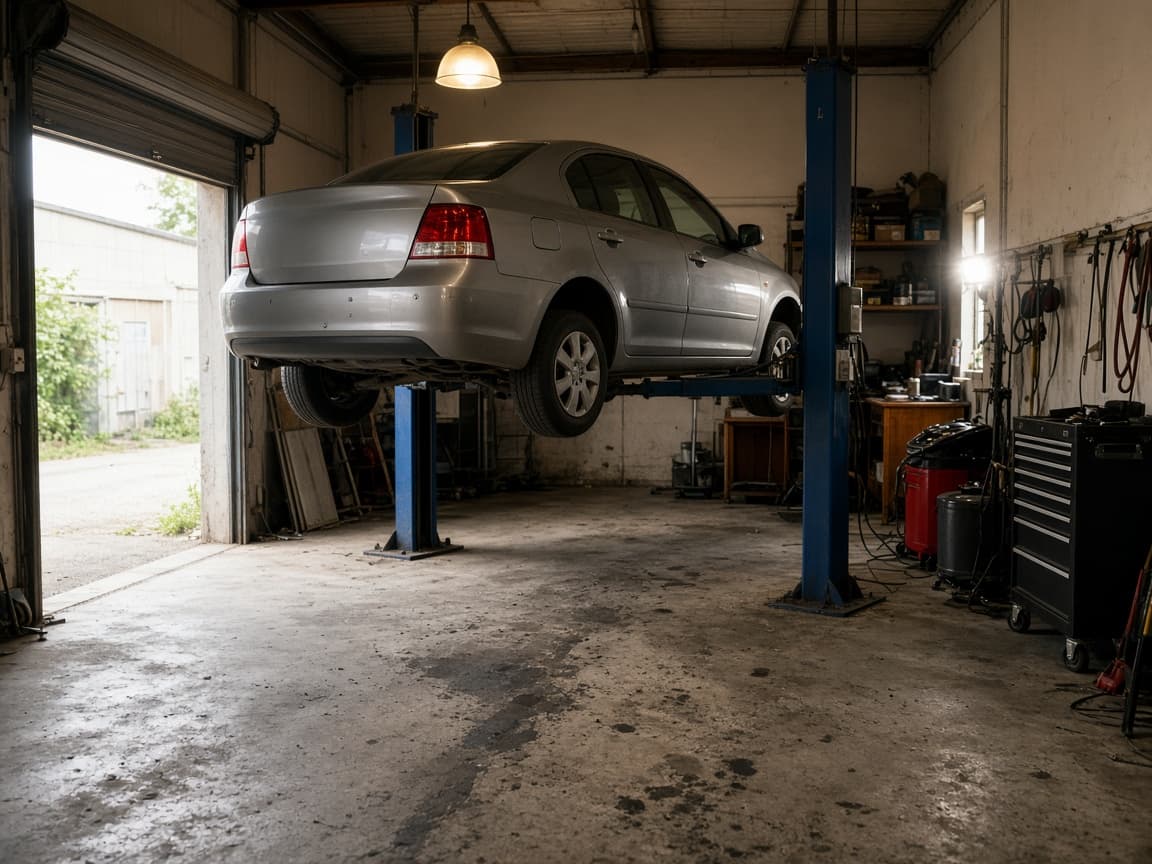 A bay with a car on the lift